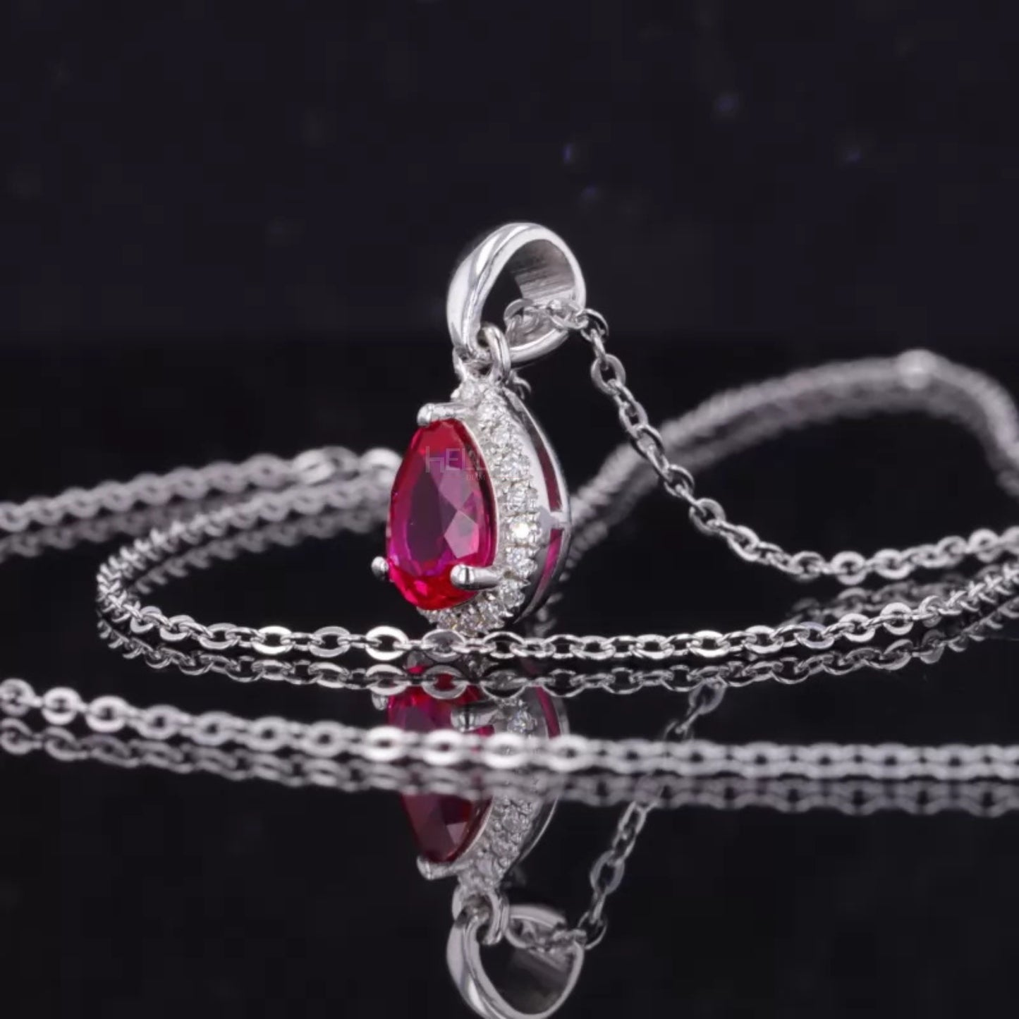 Pink Pear Cut Red Ruby Halo Necklace With Colorless Moissanite