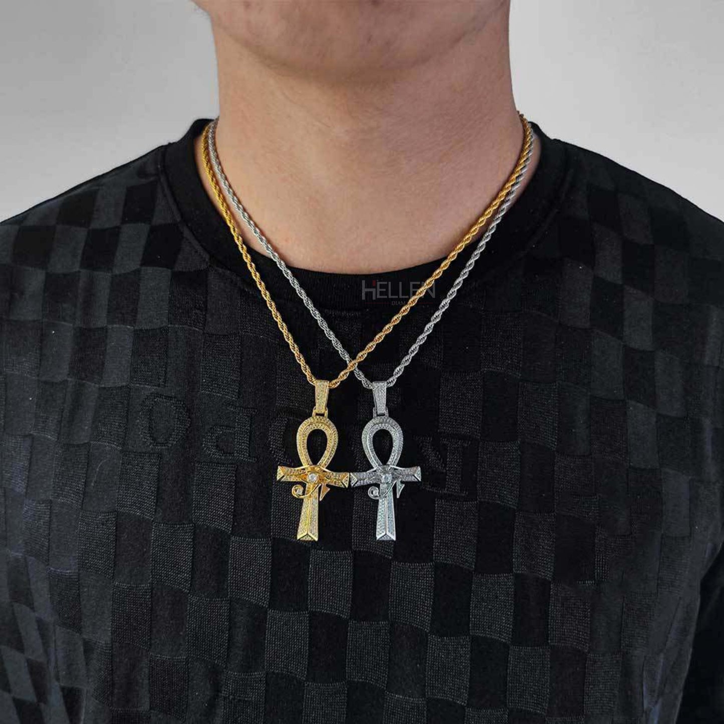 Men's Ankh Cross God Eye Pendant With Round Cut Moissanite