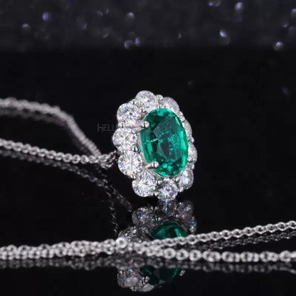 Iconic Oval Emerald Halo Necklace with Round Moissanite
