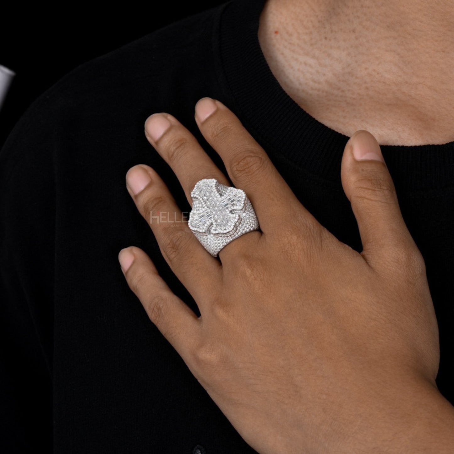 Large Moissanite Opulence Iced Out Cross Ring With Baguette and Round Cut