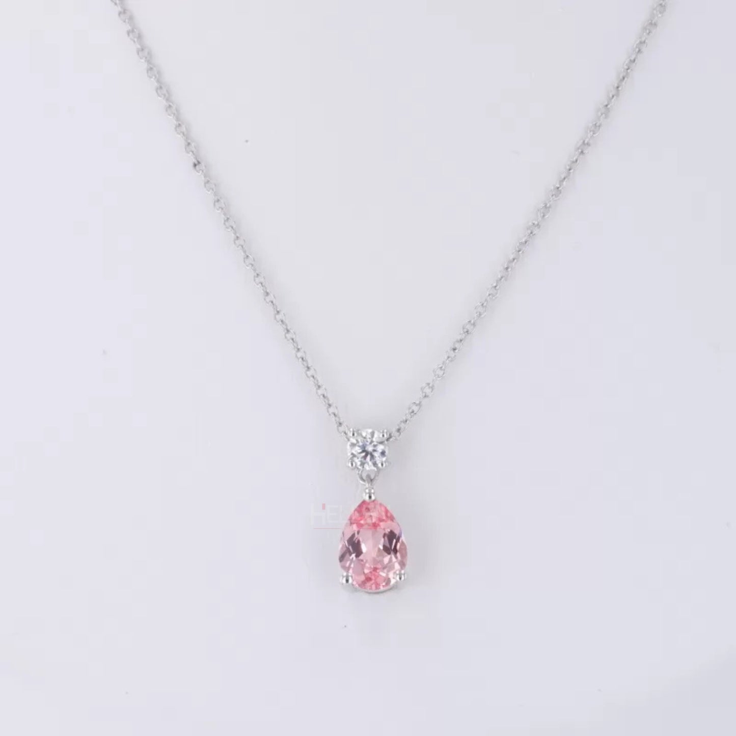 Fancy Pink Pear Cut Drop Gemstone And Round Moissanite Necklace