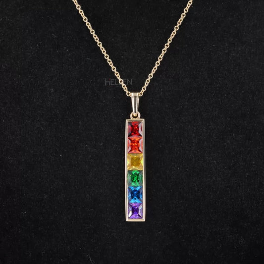 Rainbow style necklace with princess cut mixed gemstones – colorful and vibrant single-line statement piece


