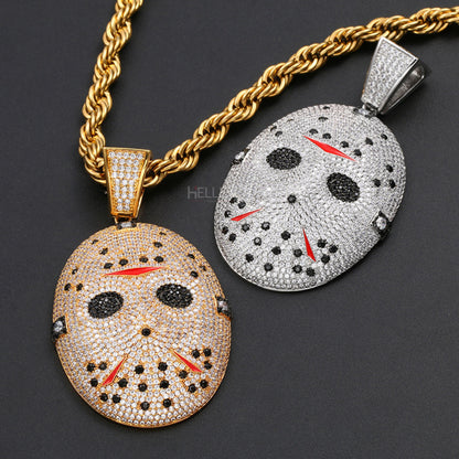 Horror-inspired Jason mask pendant fully iced with moissanite – bold and edgy hip-hop statement for men

