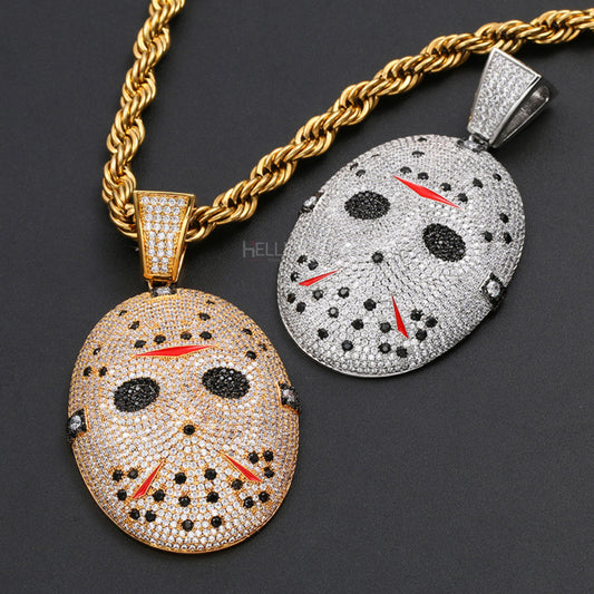Horror-inspired Jason mask pendant fully iced with moissanite – bold and edgy hip-hop statement for men

