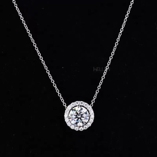 Halo style round cut moissanite necklace – classic sparkle designed for everyday elegance

