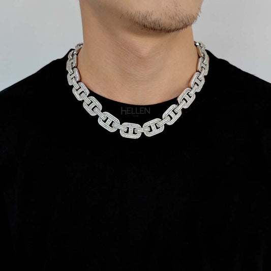 15MM coffee bean-style chain with round and baguette moissanite – bold iced-out hip-hop neckwear

