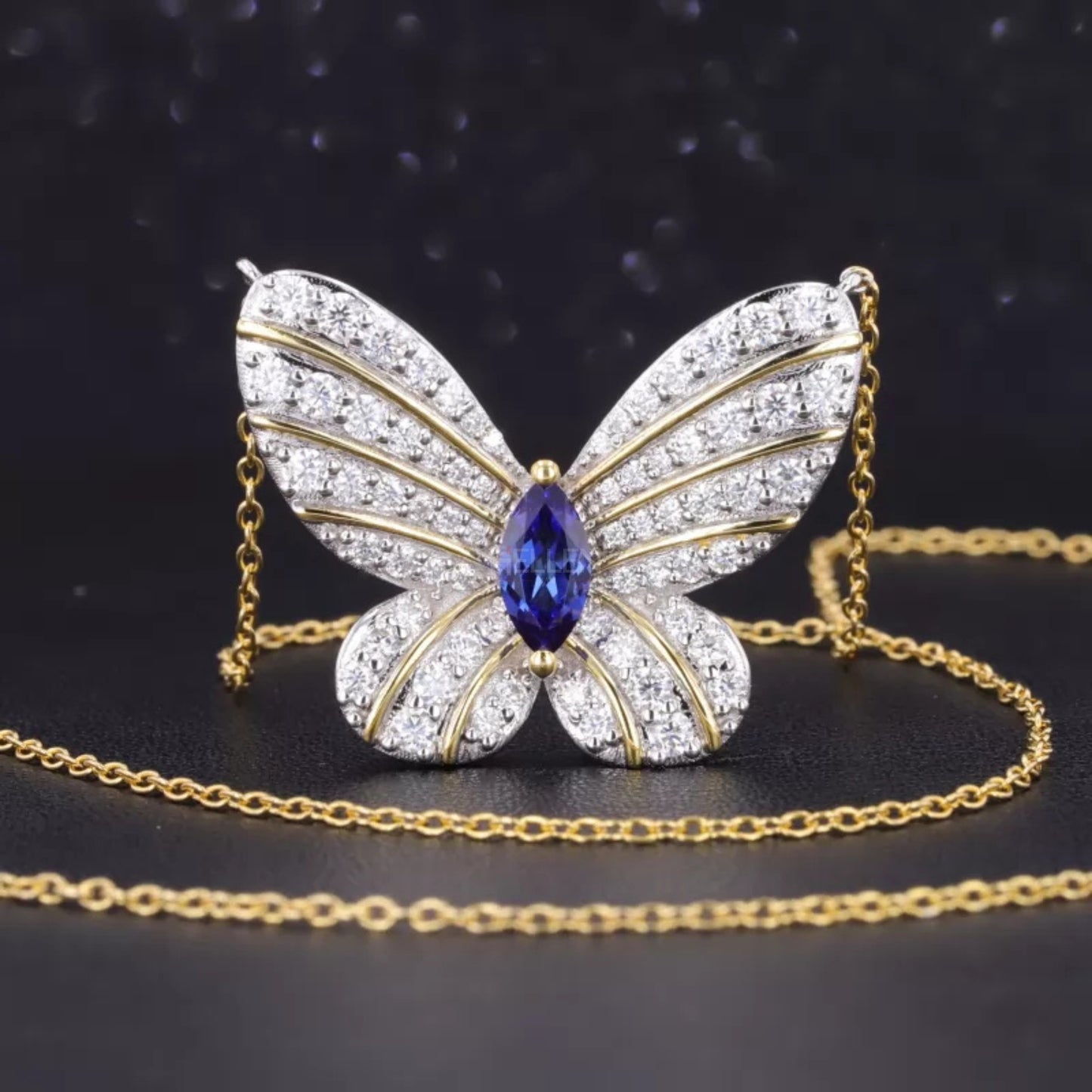 Butterfly Blue Sapphire Marquis & Round Cut Moissanite Necklace