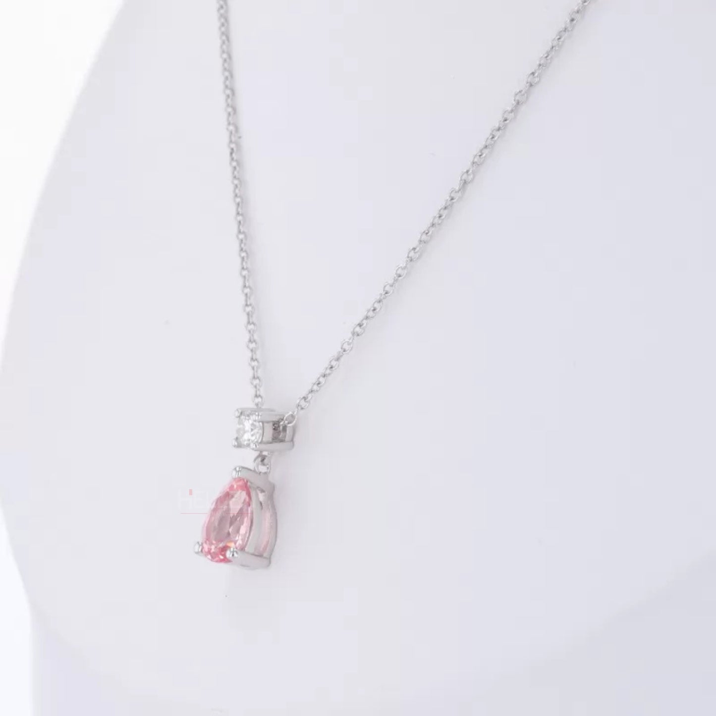 Fancy Pink Pear Cut Drop Gemstone And Round Moissanite Necklace
