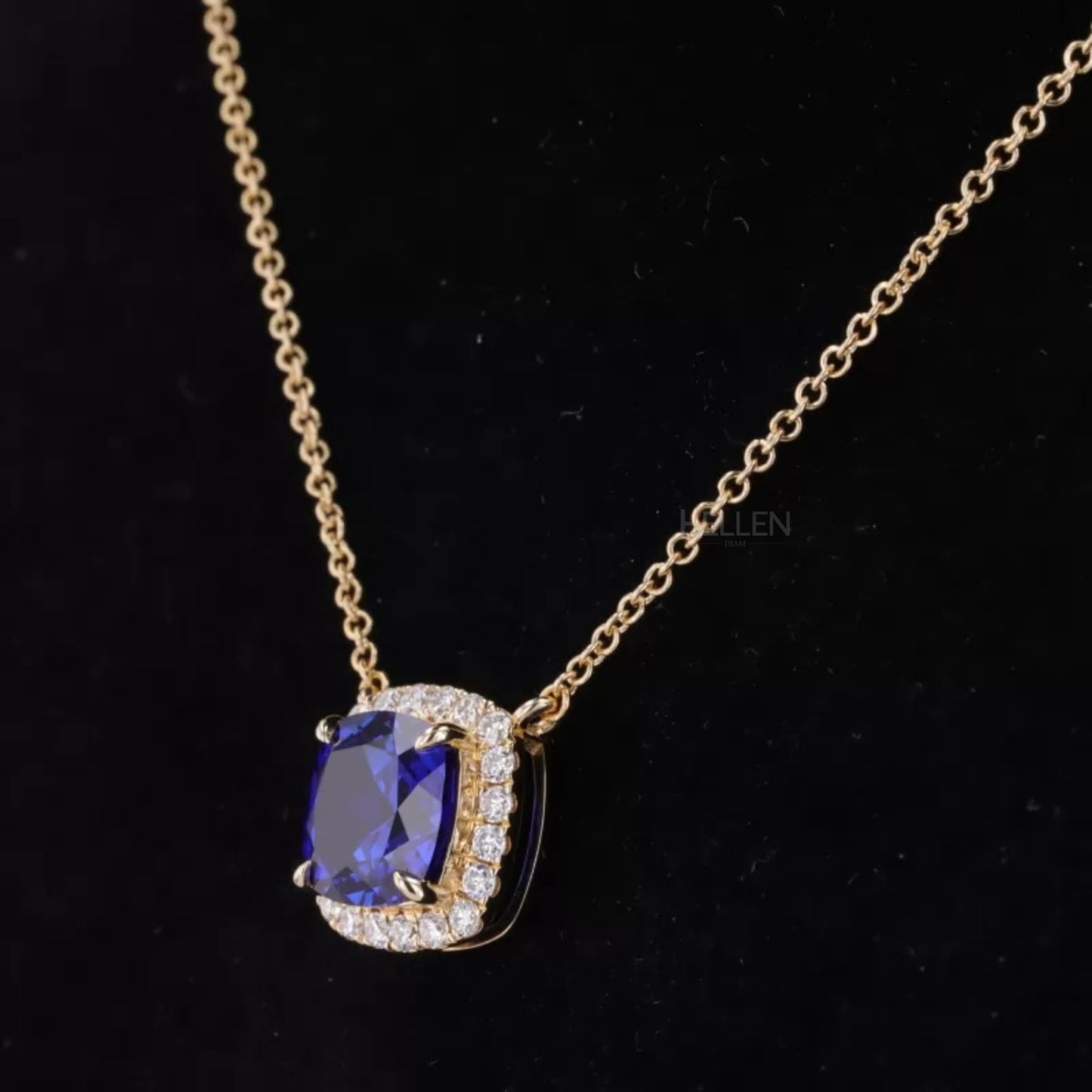 Cushion Cut Blue Sapphire Halo Necklace with Dual Loops & Moissanite