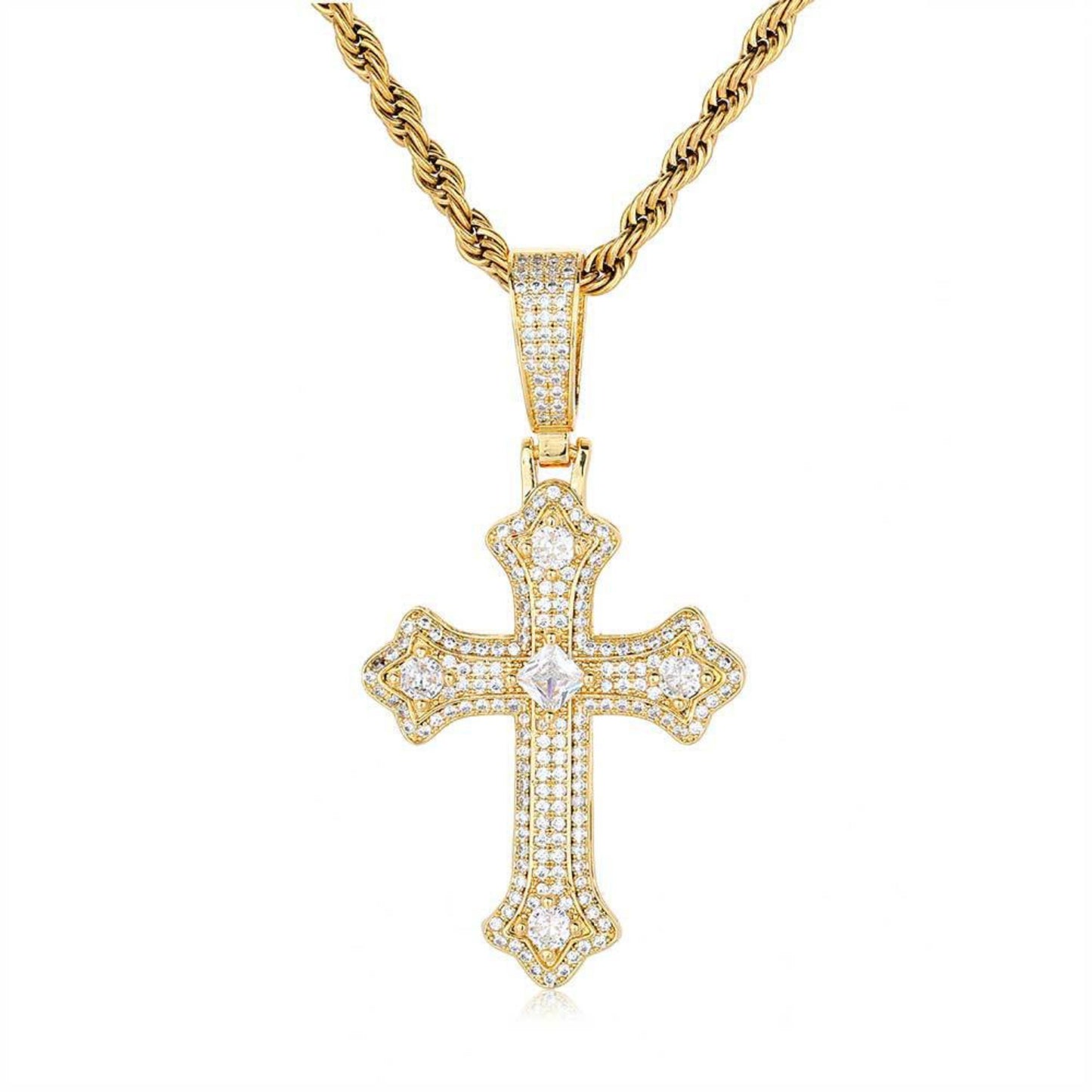 Men's Crossed Round And Princess Cut Moissanite Necklace