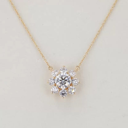 Floral Style Solitaire Round Cut Halo Moissanite Necklace