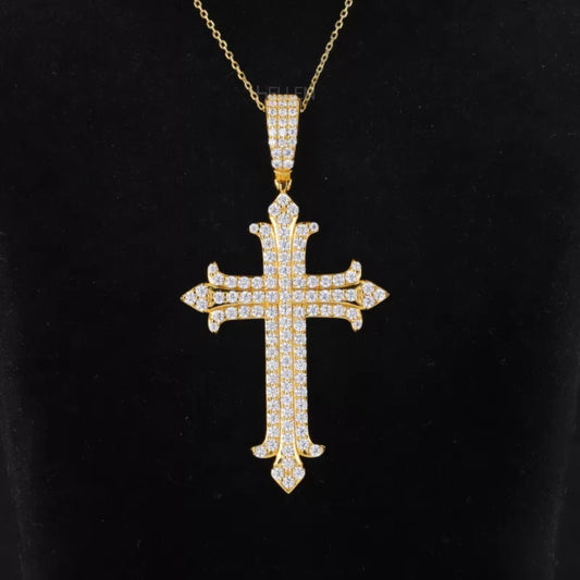 Elegant 3-line cross necklace with round cut moissanite – simple yet meaningful spiritual pendant

