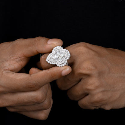 4 Leaf Clover Iced Out Ring With Round, Pear & Baguette Moissanite