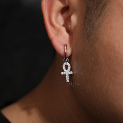 Men's Ankh Cross Dangle Earrings With Round Cut Moissanite