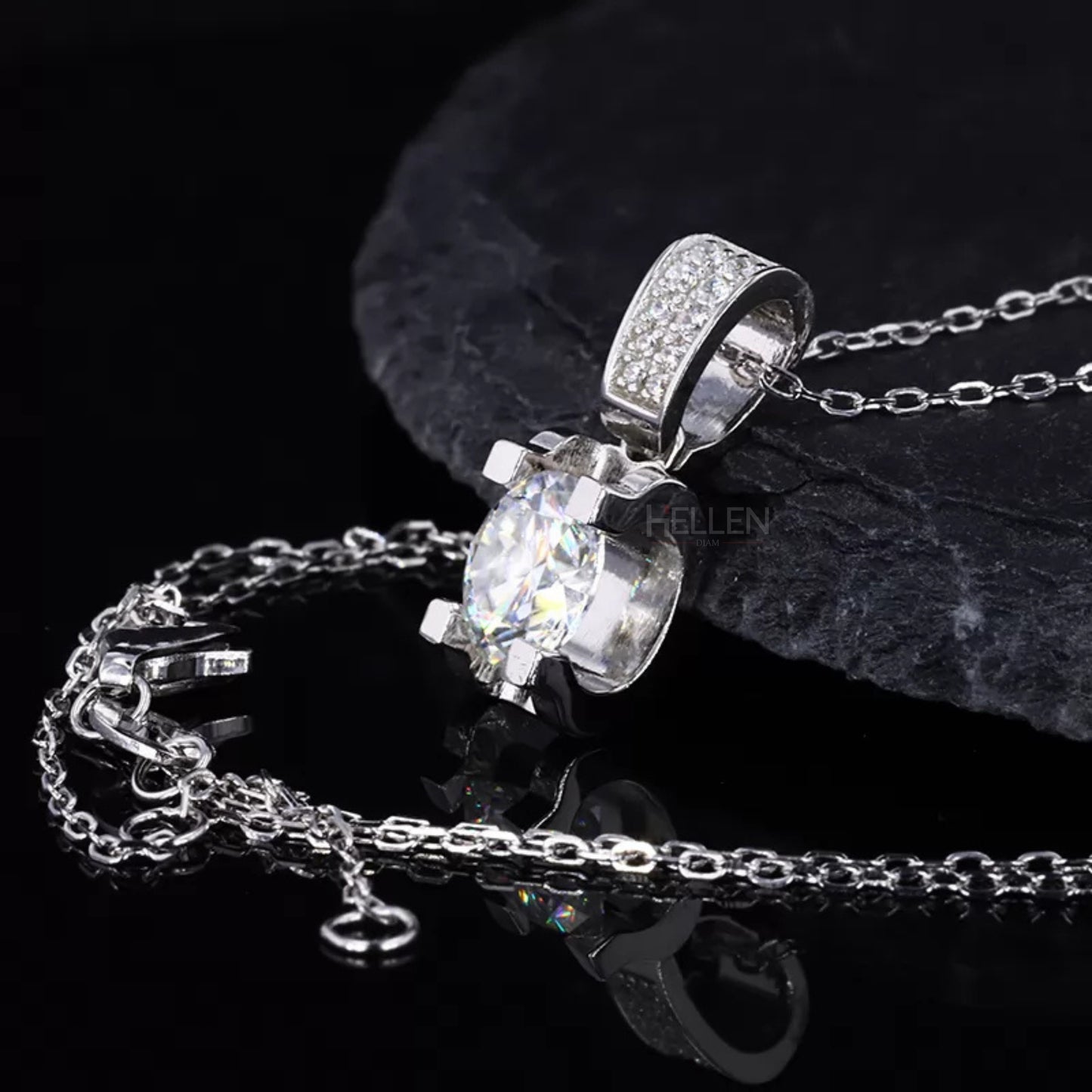 Round Cut Solitaire Moissanite  Solid Square Prong Necklace