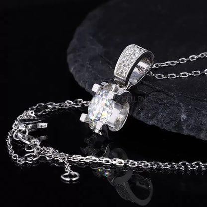 Round Cut Solitaire Moissanite  Solid Square Prong Necklace