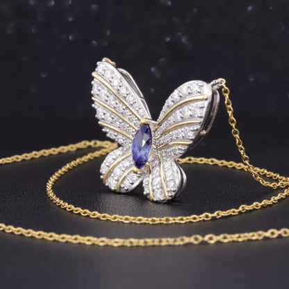 Butterfly Blue Sapphire Marquis & Round Cut Moissanite Necklace