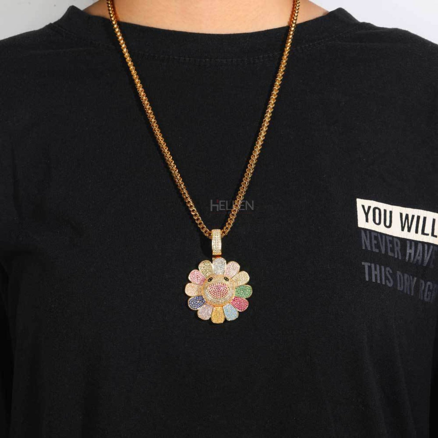 Blooming Spinning Sun Flower Pendant With Mixed Stones