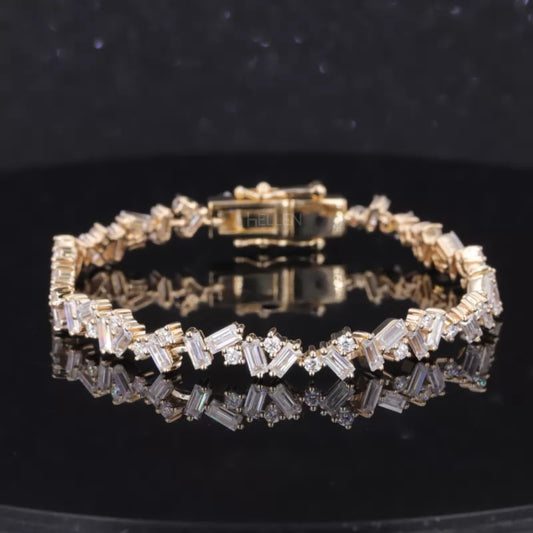 Exclusive moissanite tennis bracelet with irregular baguette and round cuts – unique luxury wristwear with artistic flair