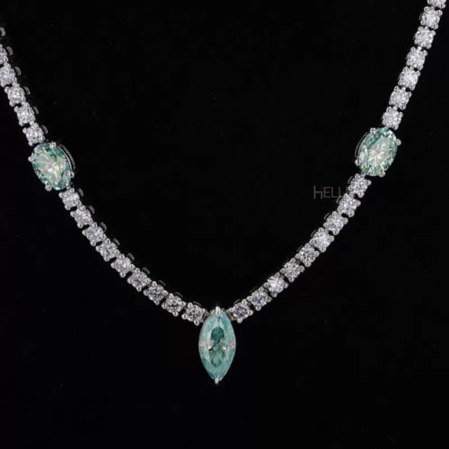 Oval, Marquis & Round Cut Blue-Green Moissanite Tennis Necklace