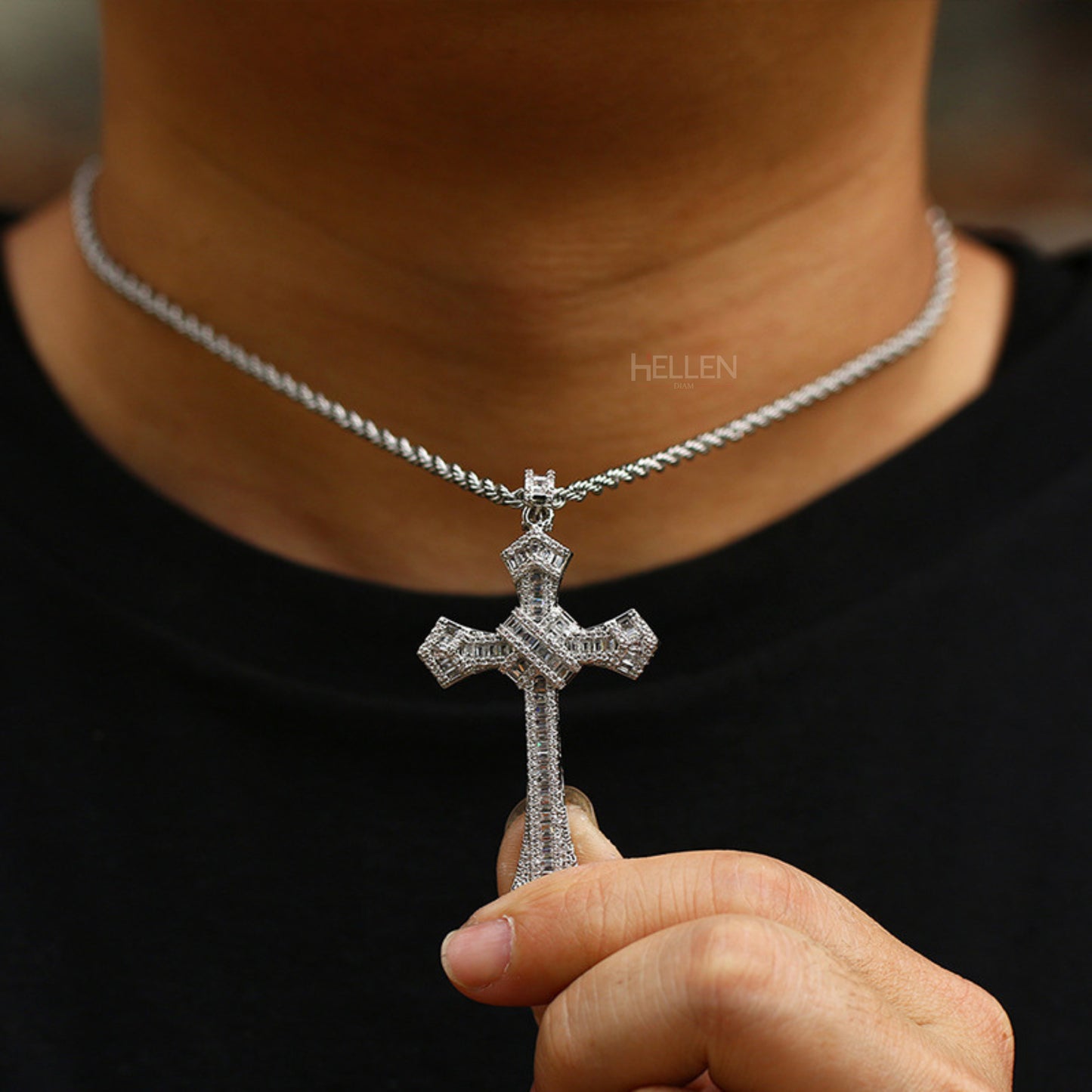 Round And Baguette Moissanite Studded Cross Hip-Hop Long Pendant