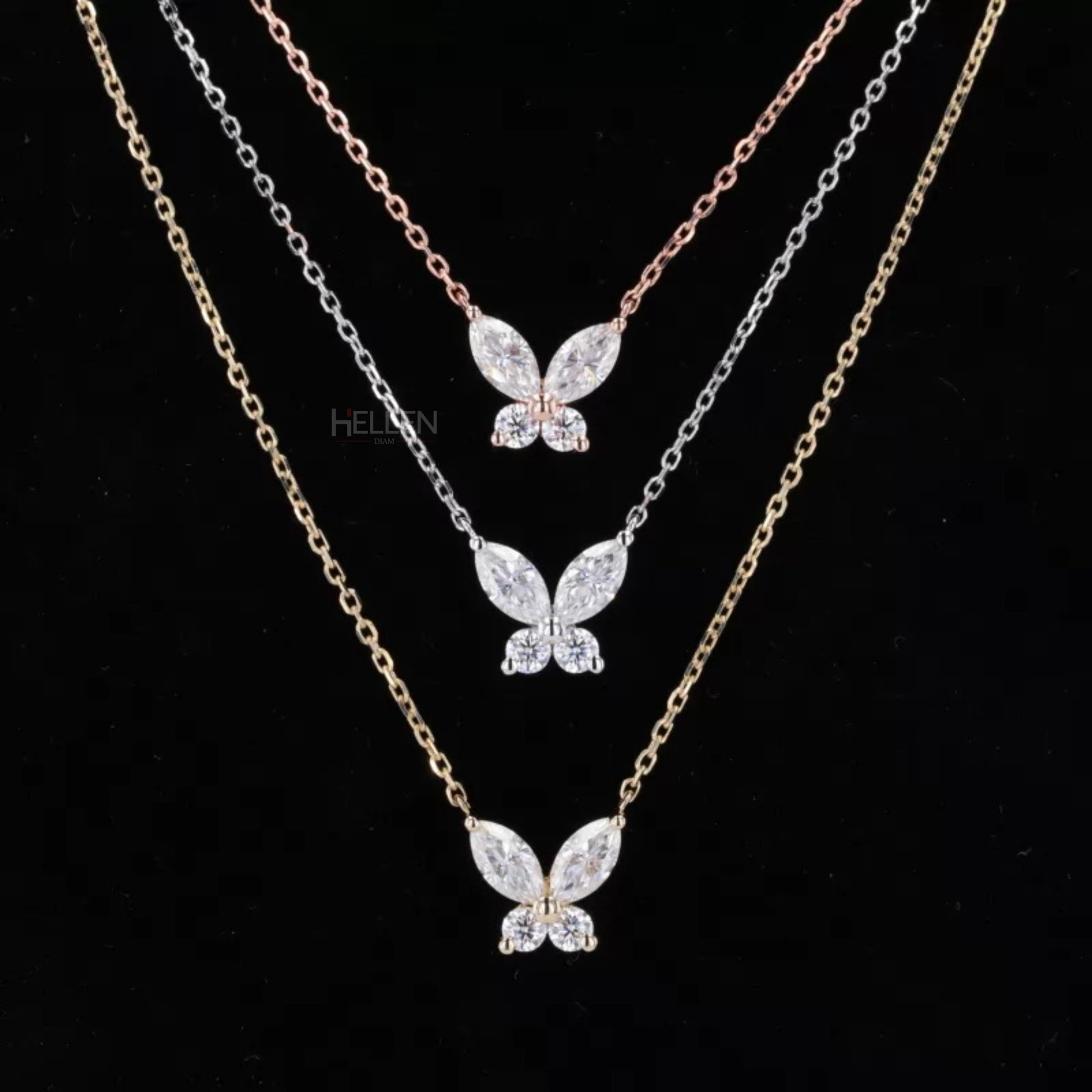 Butterfly necklace with marquise and round moissanite – whimsical sparkle in sterling silver

