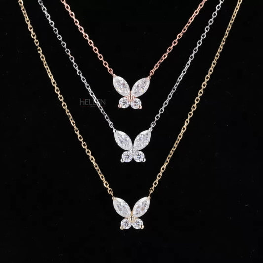 Butterfly necklace with marquise and round moissanite – whimsical sparkle in sterling silver

