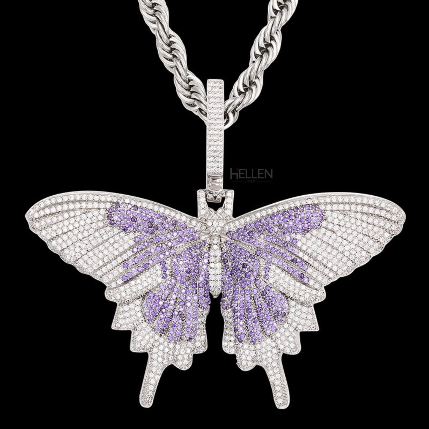 Butterfly-shaped hip-hop pendant iced with moissanite and purple gemstone – bold bling with vibrant flair

