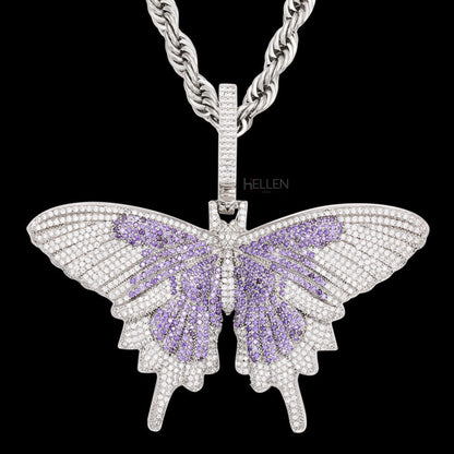 Butterfly-shaped hip-hop pendant iced with moissanite and purple gemstone – bold bling with vibrant flair

