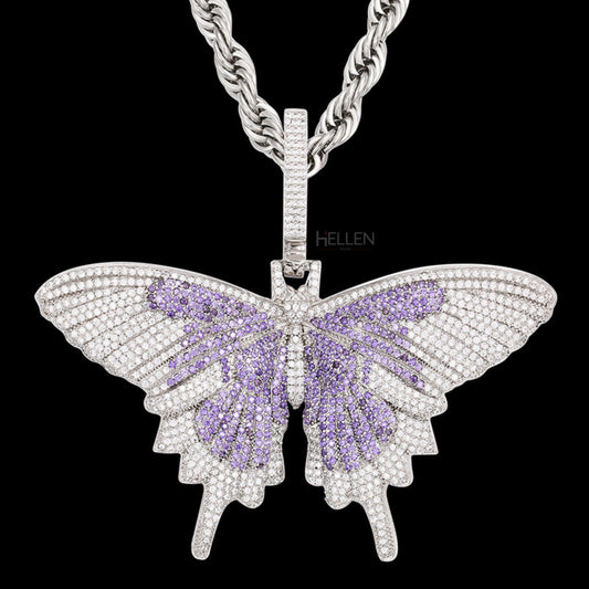 Butterfly-shaped hip-hop pendant iced with moissanite and purple gemstone – bold bling with vibrant flair

