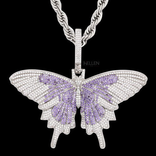Iced-Out Butterfly Pendant With Moissanite And Purple Gemstone