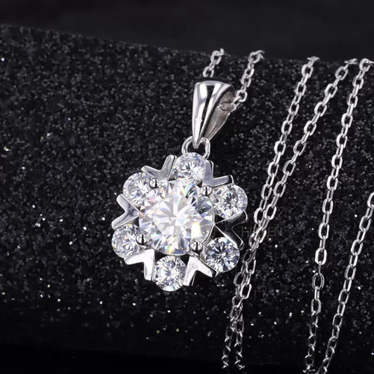 Floral-style necklace with round cut moissanite in V prong setting – romantic and detailed design