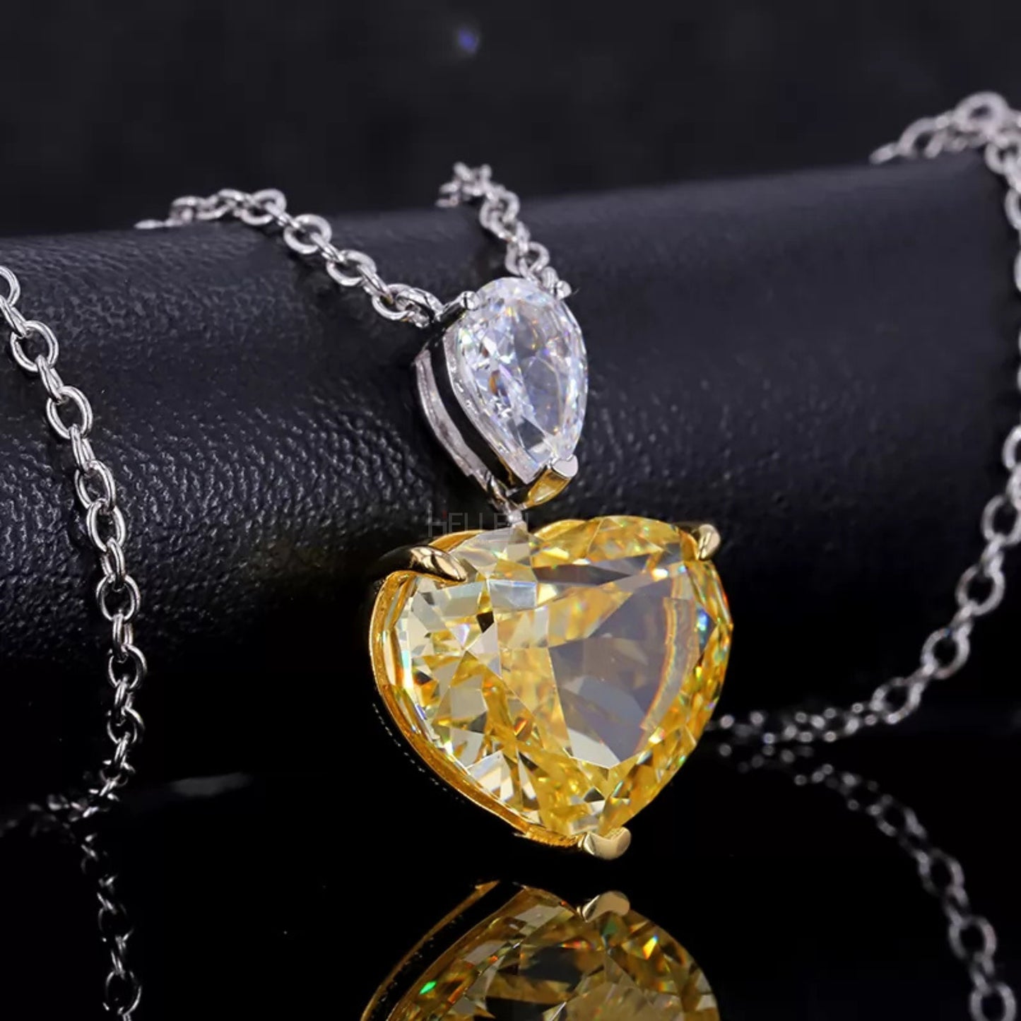 Dual Tone Pear Moissanite & Heart Cut Yellow Sapphire Necklace