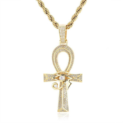 Men's Ankh Cross God Eye Pendant With Round Cut Moissanite