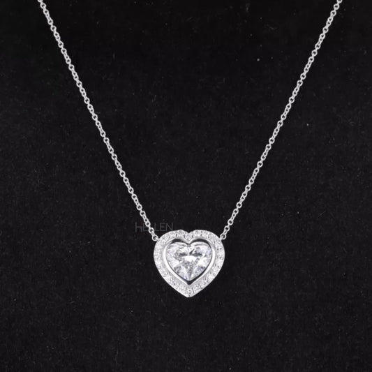 Heart cut moissanite solitaire necklace with halo setting – romantic bridesmaid jewelry gift