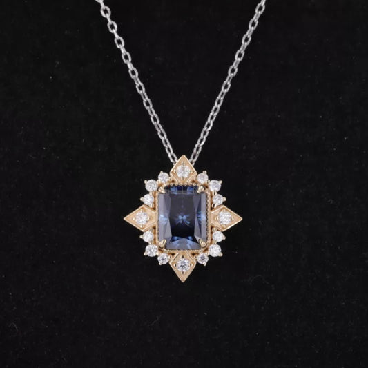 Spirit flower necklace featuring radiant cut blue sapphire gemstone – artistic and symbolic pendant design