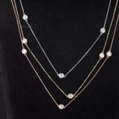 Bezel set round cut moissanite necklace on delicate chain – minimalist and brilliant everyday pendant

