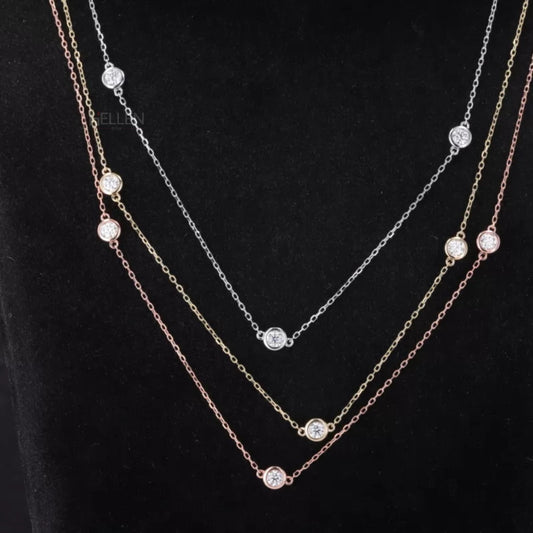 Bezel set round cut moissanite necklace on delicate chain – minimalist and brilliant everyday pendant


