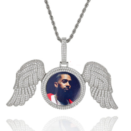 Customized Angel Wings Memory Pendent With Round Cut Moissanite