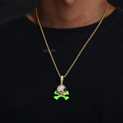 Skull And Cross Bone Glow In Dark Iced Out Pendant