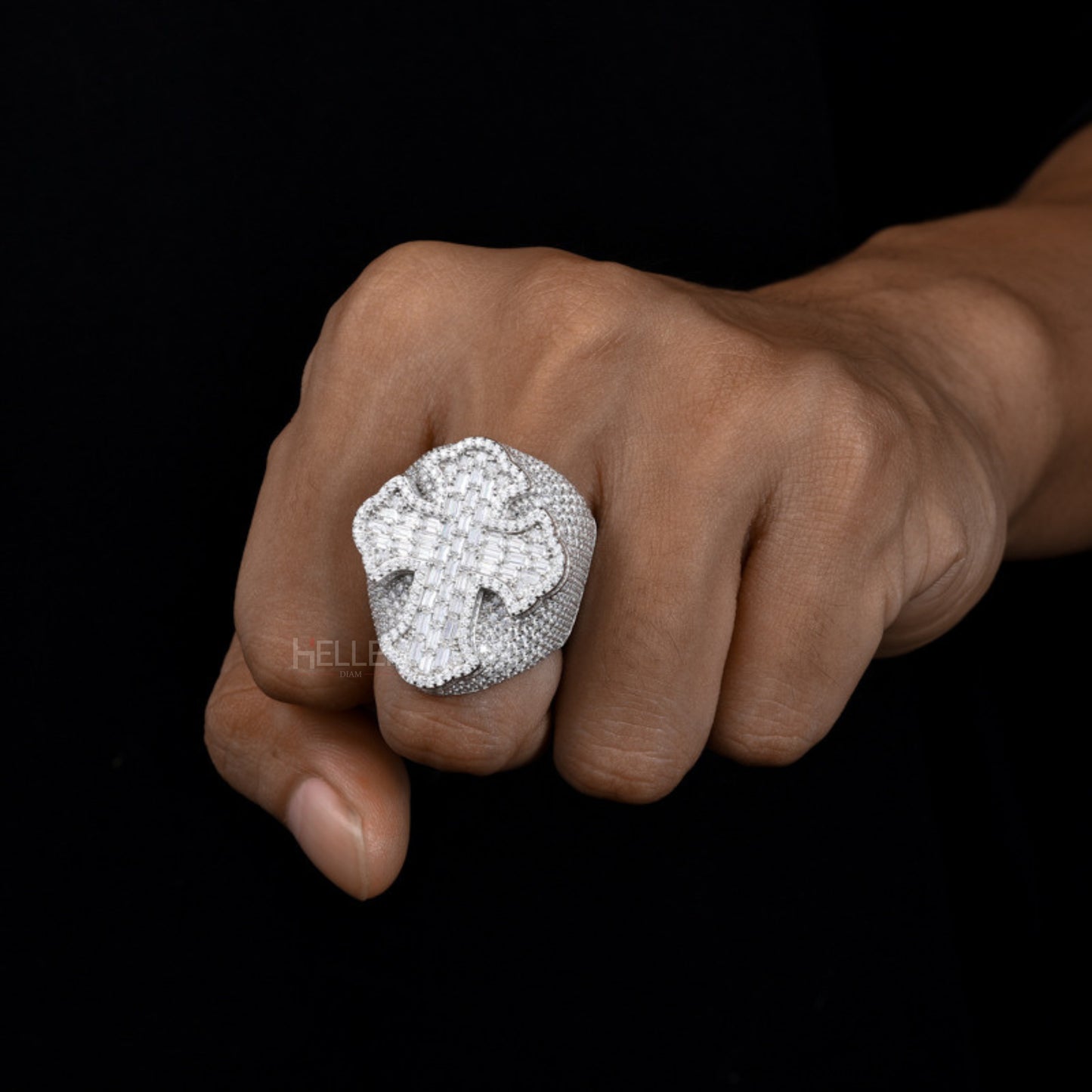 Large Moissanite Opulence Iced Out Cross Ring With Baguette and Round Cut