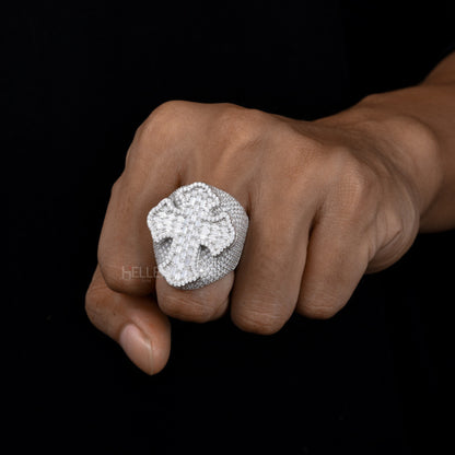 Large Moissanite Opulence Iced Out Cross Ring With Baguette and Round Cut