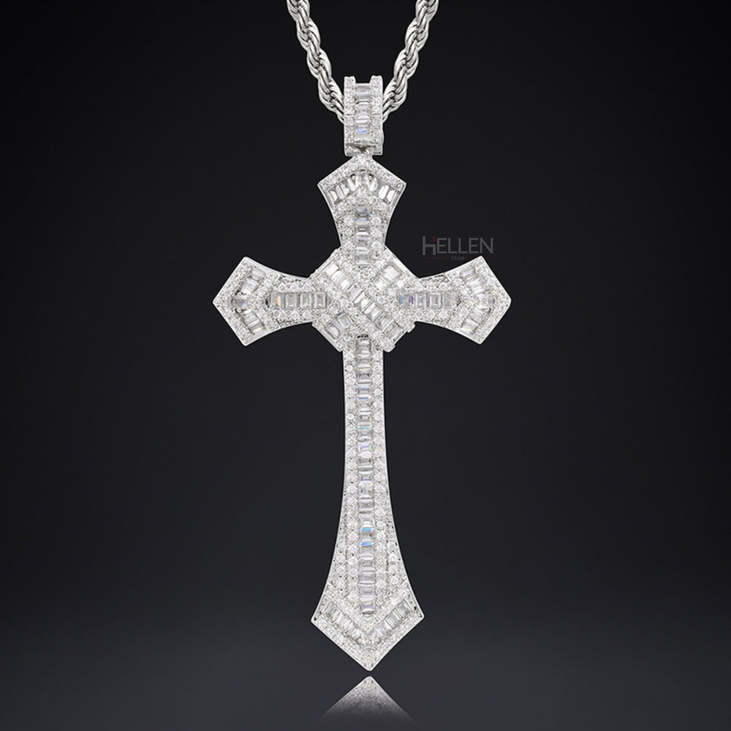 Round And Baguette Moissanite Studded Cross Hip-Hop Long Pendant