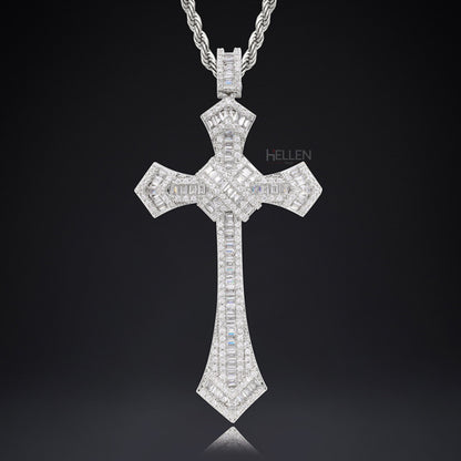 Round And Baguette Moissanite Studded Cross Hip-Hop Long Pendant