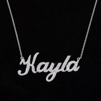 Custom moissanite pendant necklace with 5-word calligraphy name – personalized gift with shimmering letters