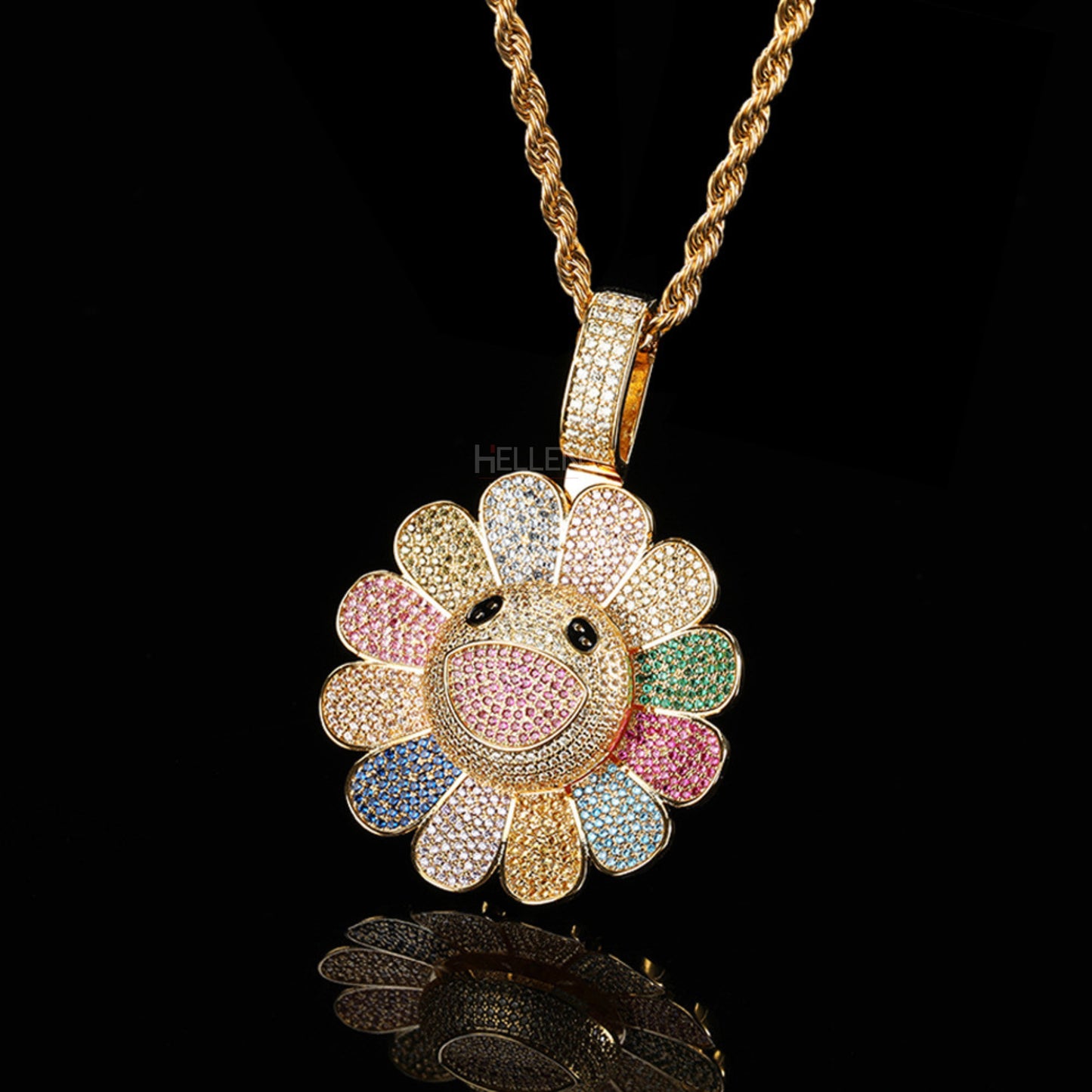 Blooming Spinning Sun Flower Pendant With Mixed Stones