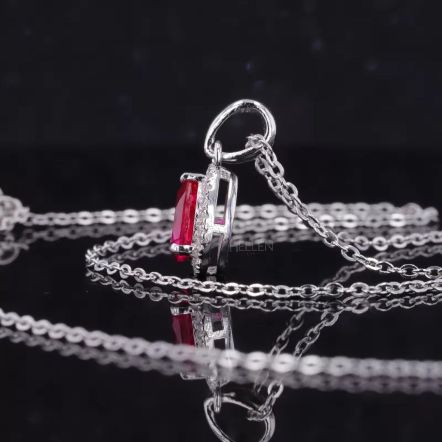 Pink Pear Cut Red Ruby Halo Necklace With Colorless Moissanite