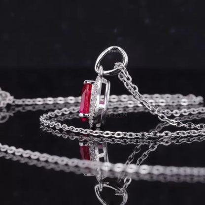 Pink Pear Cut Red Ruby Halo Necklace With Colorless Moissanite