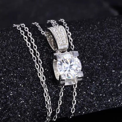 Solid square prong setting round cut moissanite solitaire necklace – secure and clean look for daily wear

