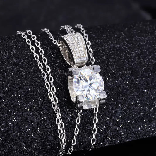 Solid square prong setting round cut moissanite solitaire necklace – secure and clean look for daily wear


